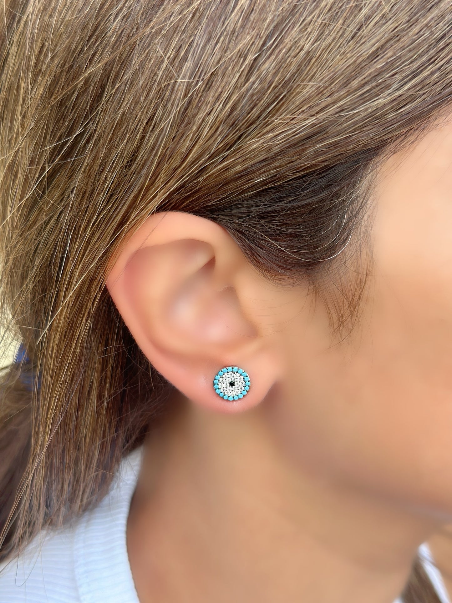 Round Evil Eye Earrings With Light Blue & White Stones