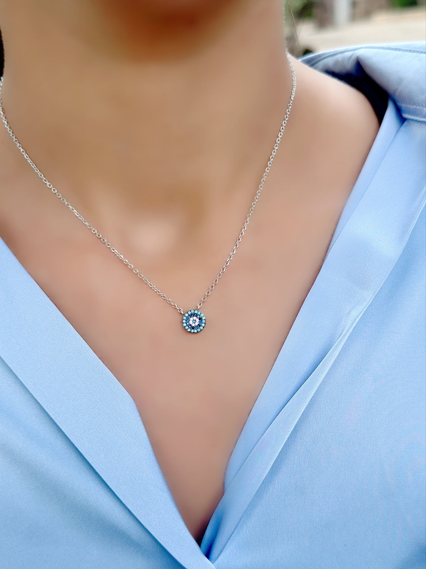 Evil Eye Design Necklace With Blue & White Stones