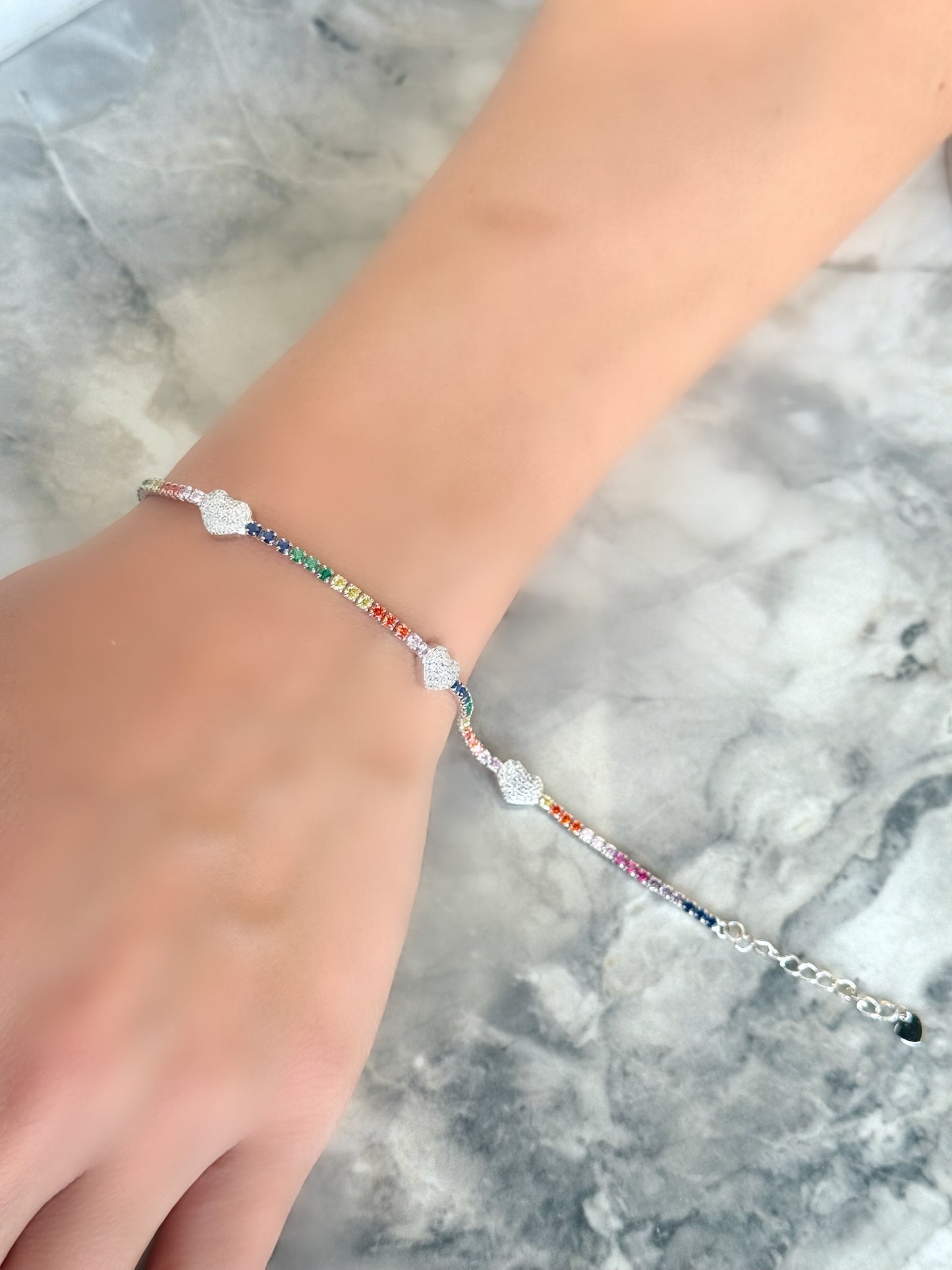 Rainbow Colors Tennis Bracelet Design With White Hearts
