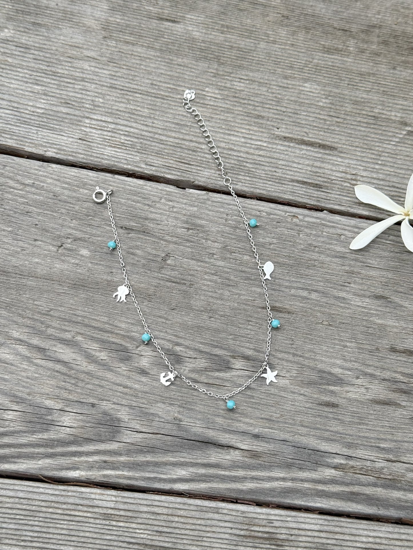 Sea Symbols With Blue Beads Anklet