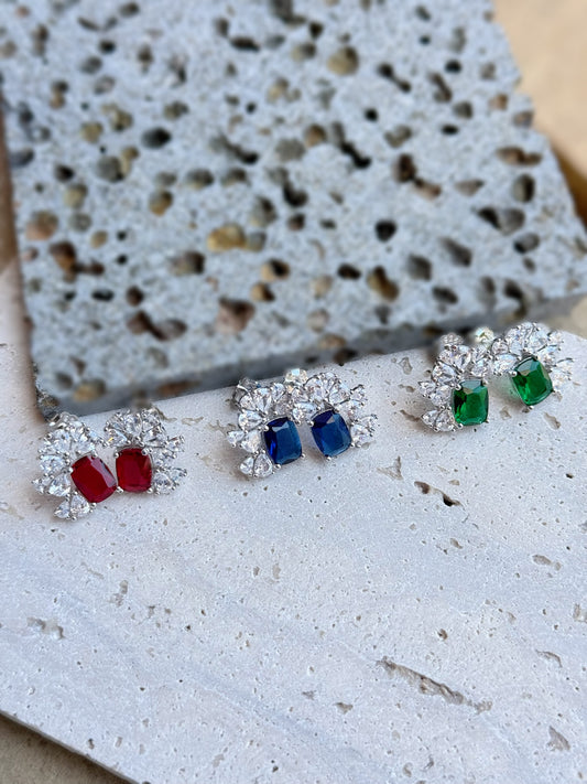 Earrings With Coloured Stone Available In Green, Blue & Red