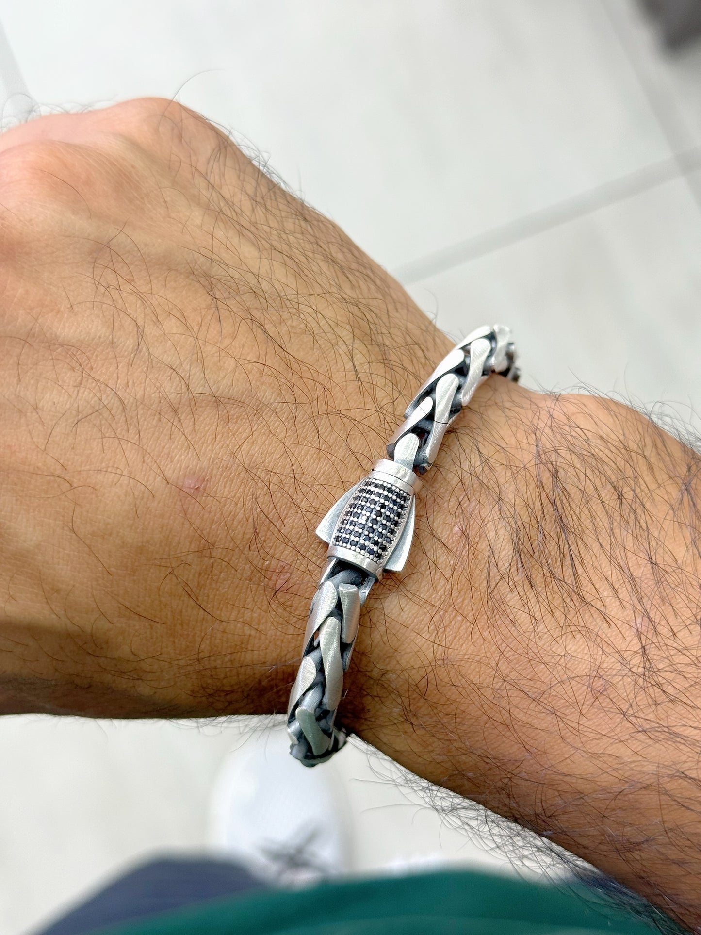 Oxidised Silver 925 Men Bracelet With Black Stones And Special Lock