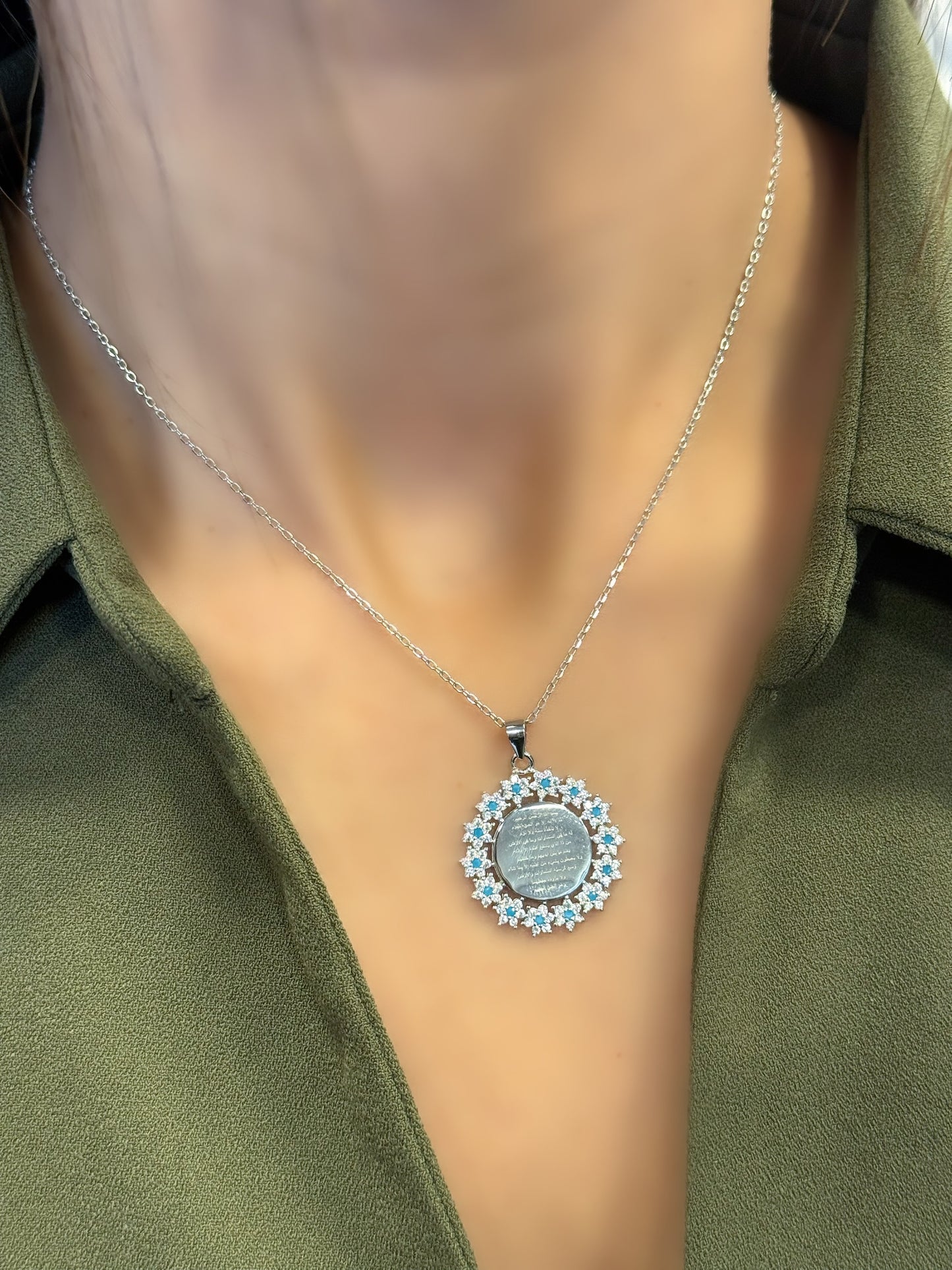 Ayatul kursi Round shape Design With Blue & White Stars Necklace