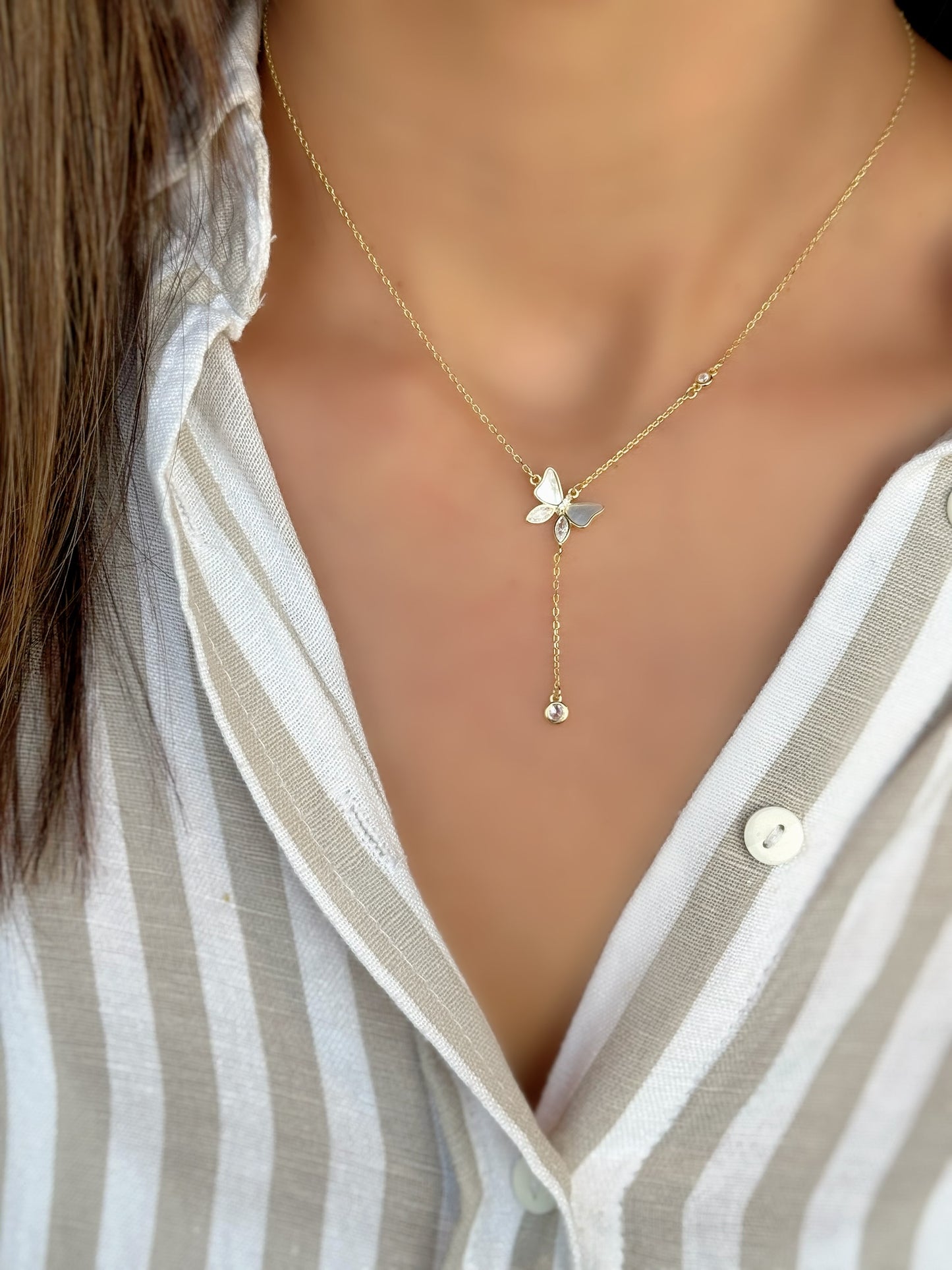 Silver 925 Gold Plated Butterfly Design Necklace With Drop White Stone Design