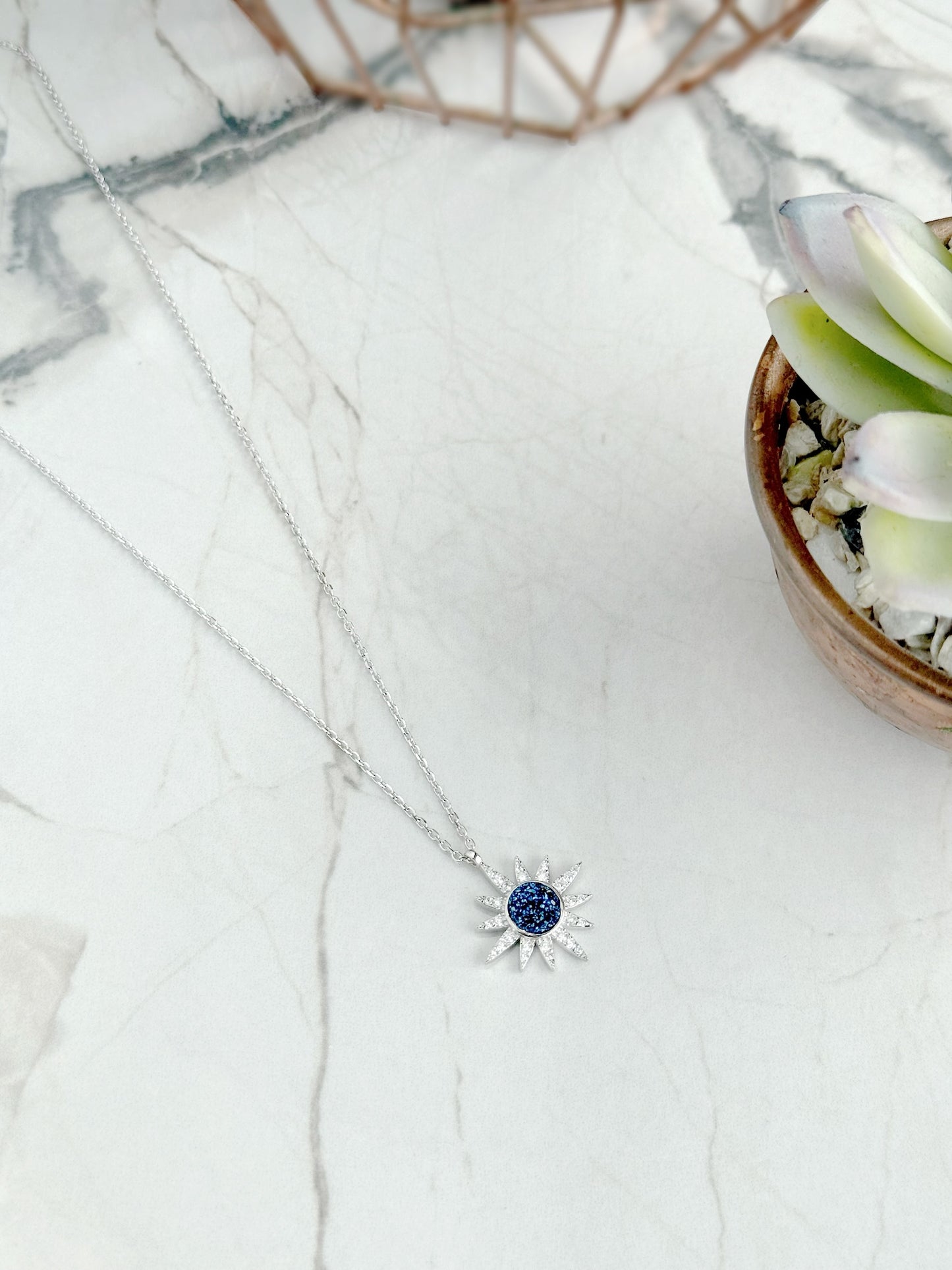 North Star Necklace With Blue & White Stones