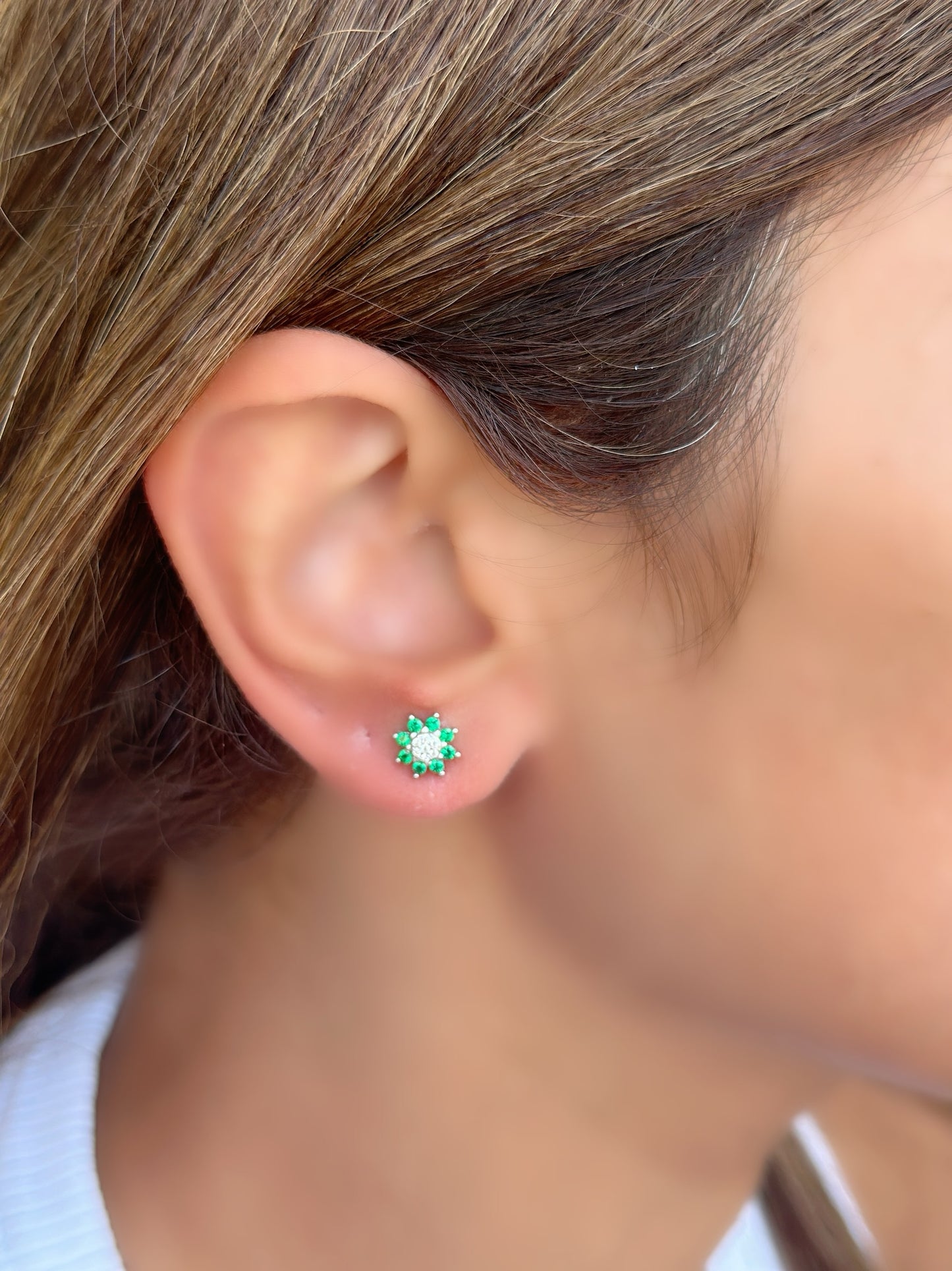 Sun Shape Green & White Stones Earrings