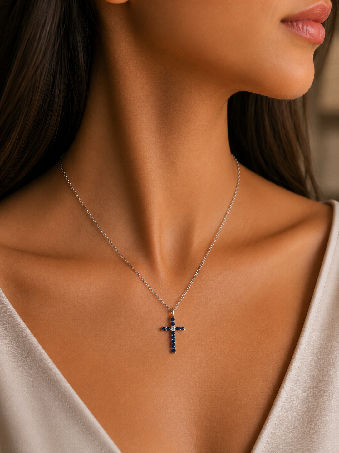 Cross Design Necklace Blue Stone Color