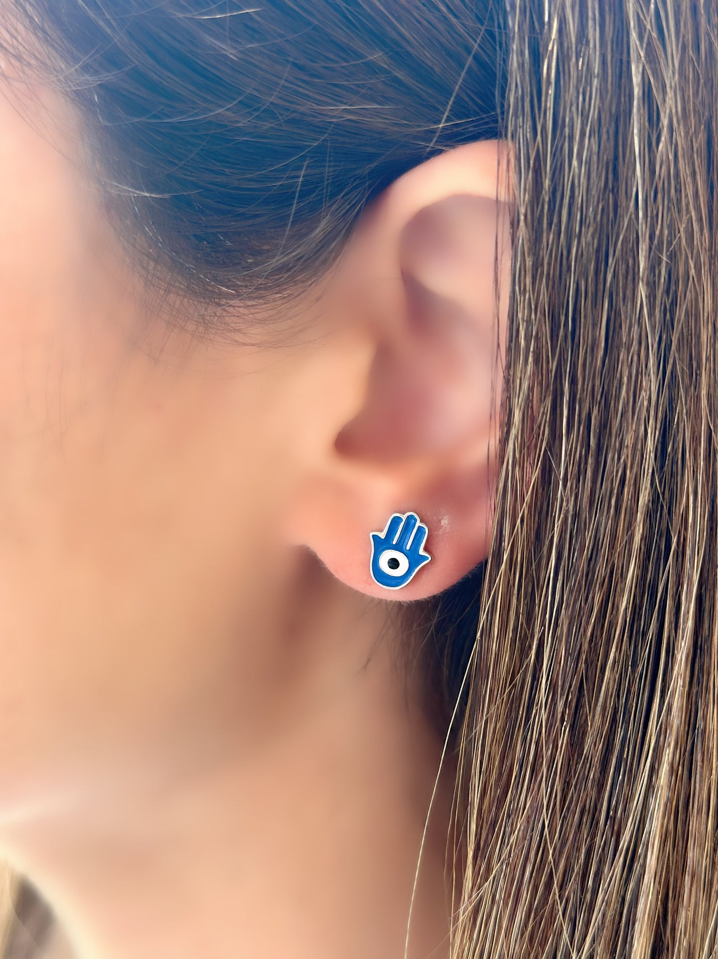Hand Shape Earrings Navy Color With Evil Eye