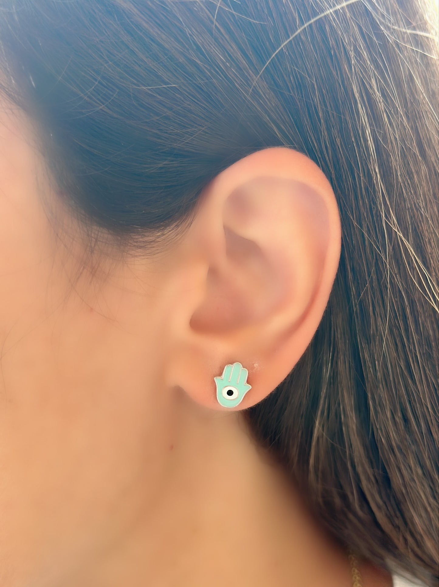 Hand Shape Evil Eye Design Earrings Light Blue Color