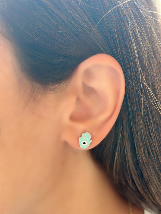 Hand Shape Evil Eye Design Earrings Light Blue Color