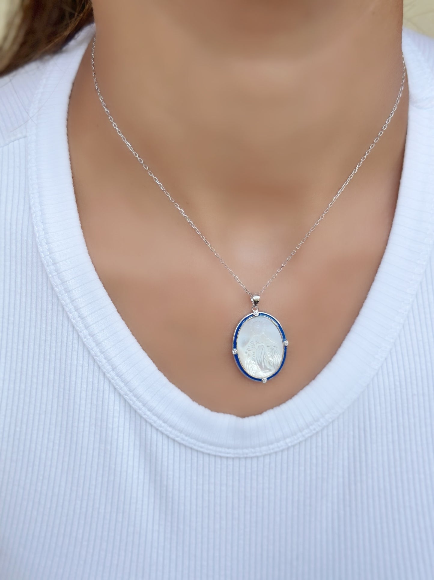 Saint Mary Icon Necklace With Blue Outline