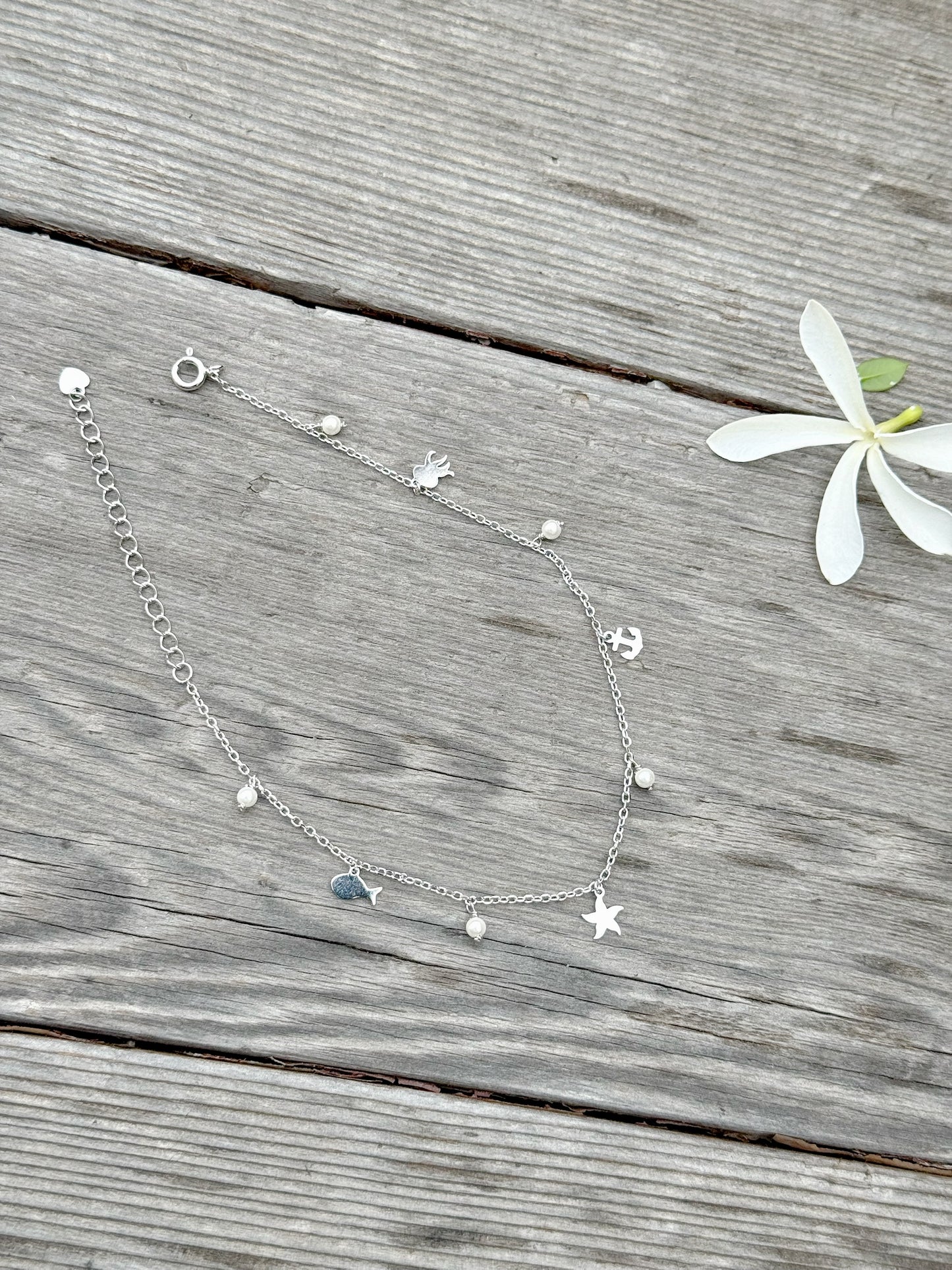 Sea Symbols With White Beads Anklet