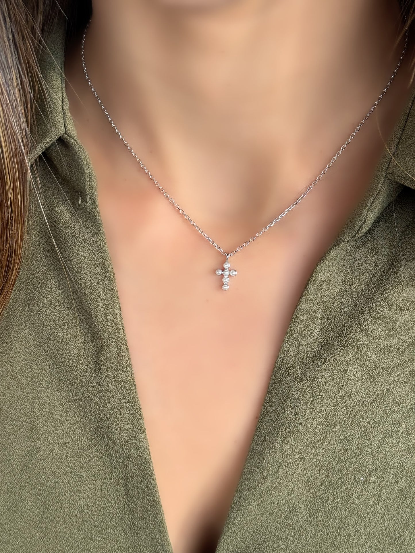 Small Cross Necklace With Small Pearls
