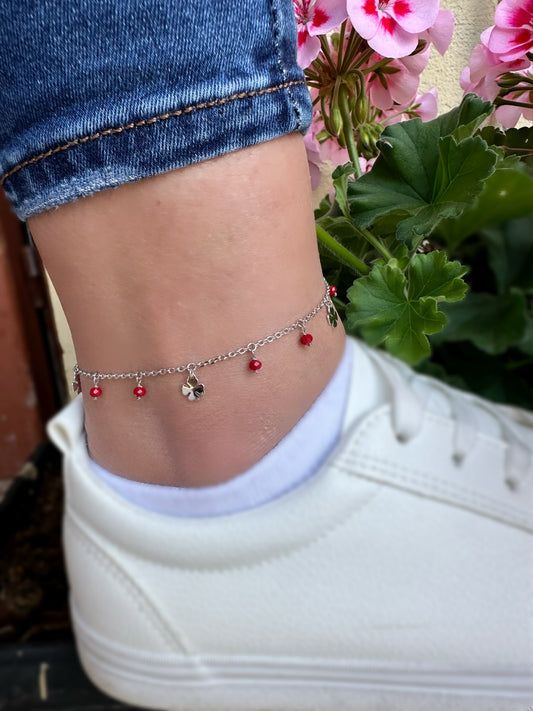 Anklet With Red Beads And Flower