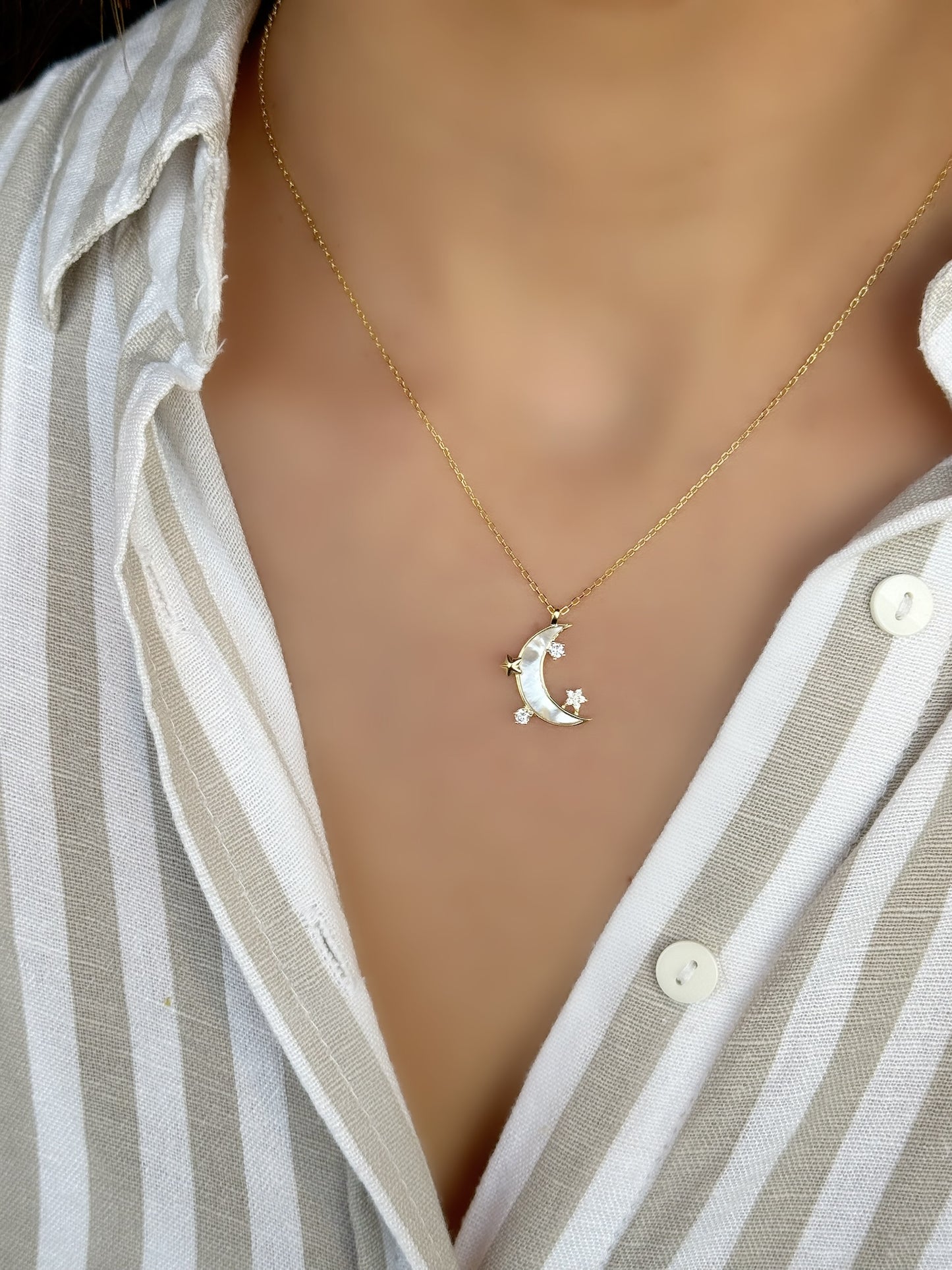 Silver 925 Gold Plated Moon & Small Stars Necklace