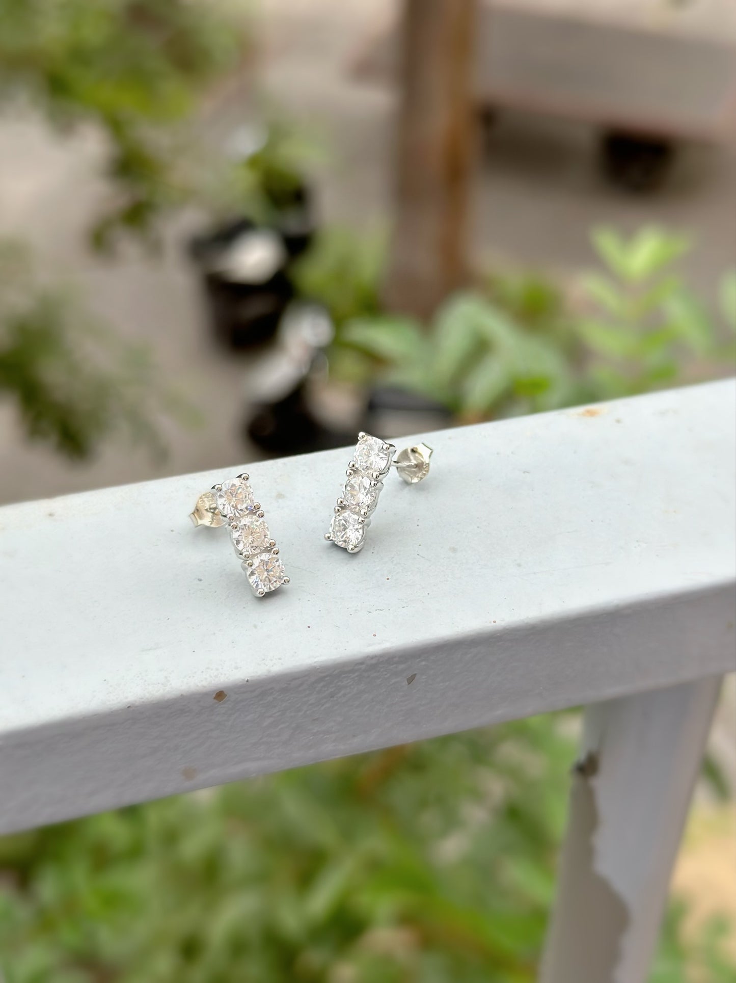 Three Round Stones Bar Design Earrings