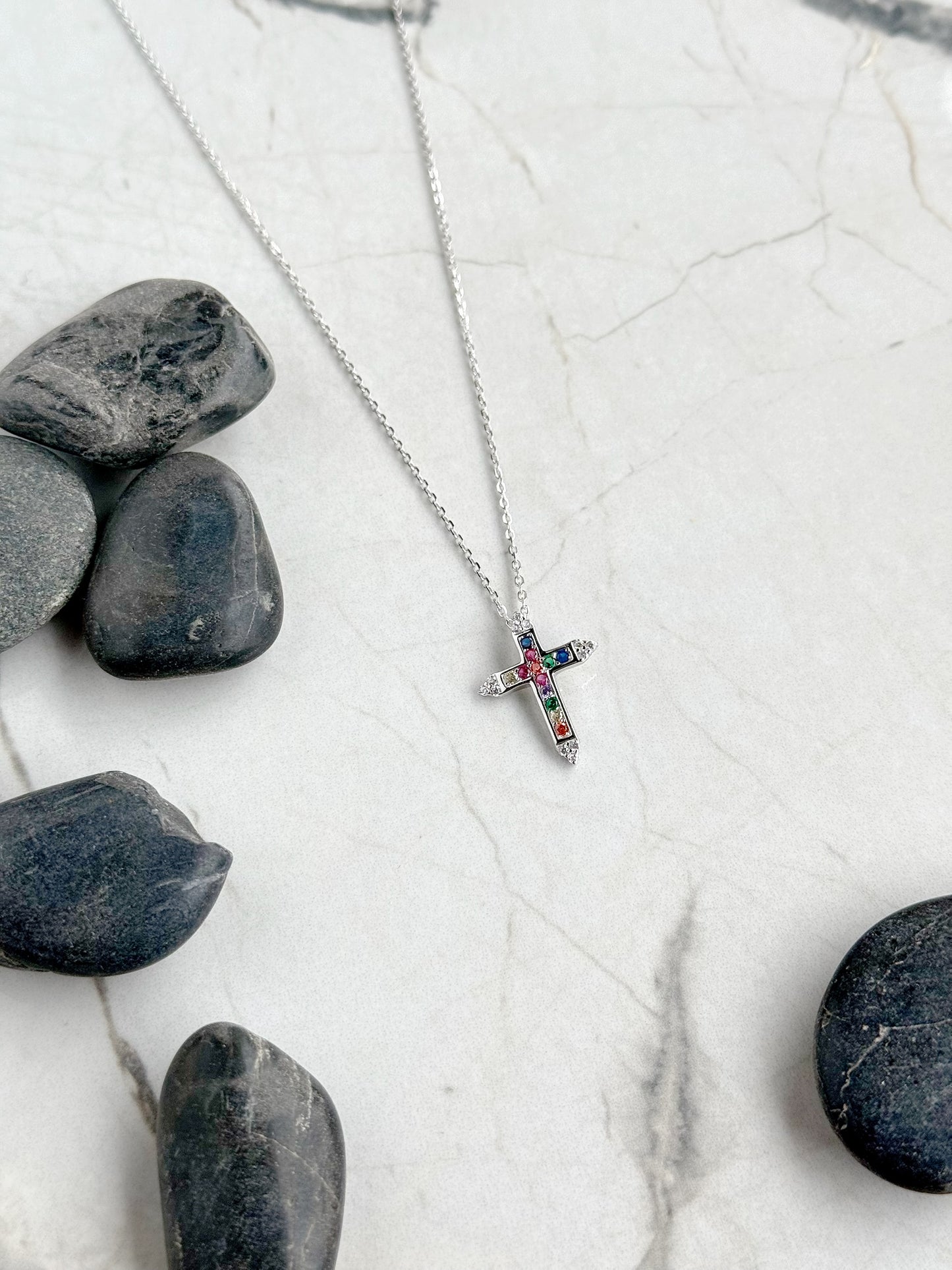 Coloured Stones Cross Necklace