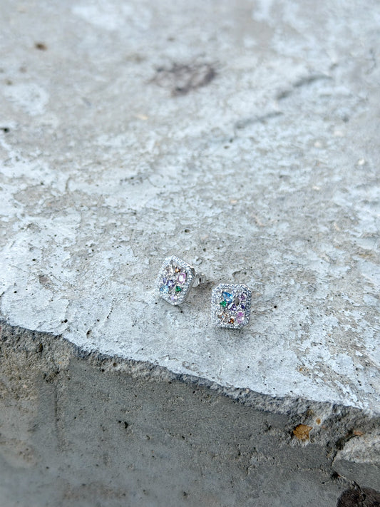 Square Design Earrings With Coloured Stones