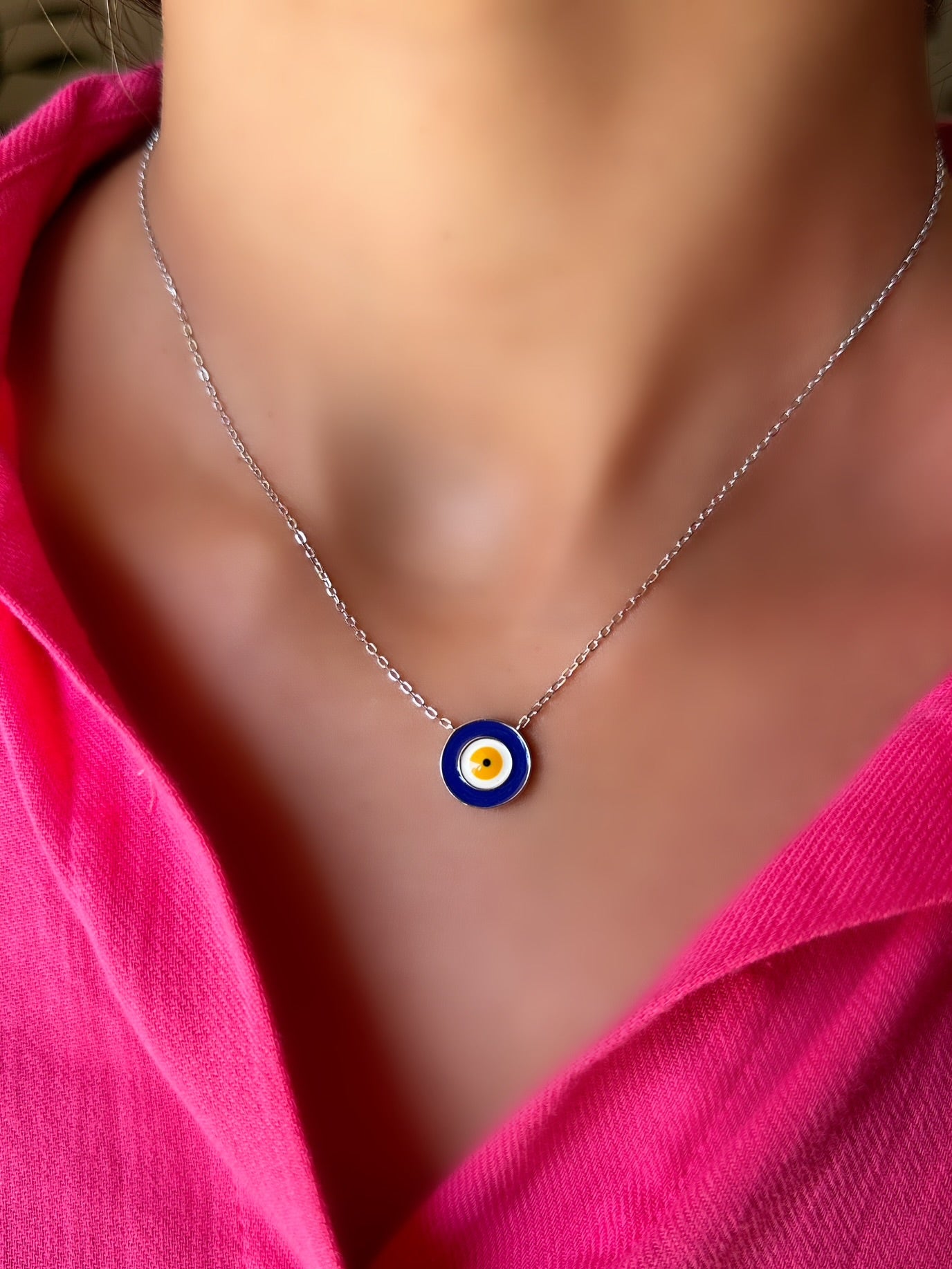 Round Navy Evil Eye Design Necklace
