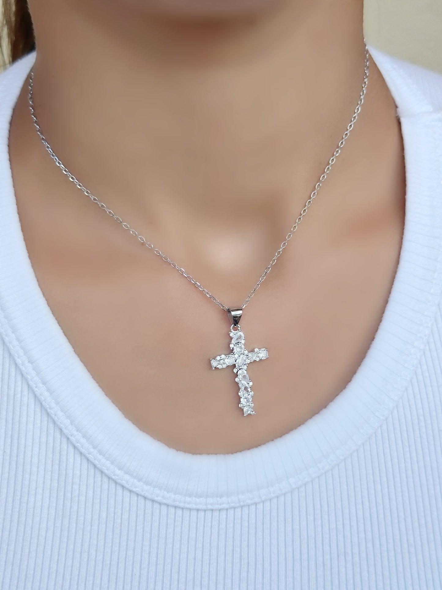 Big Cross Design Necklace With White Stones