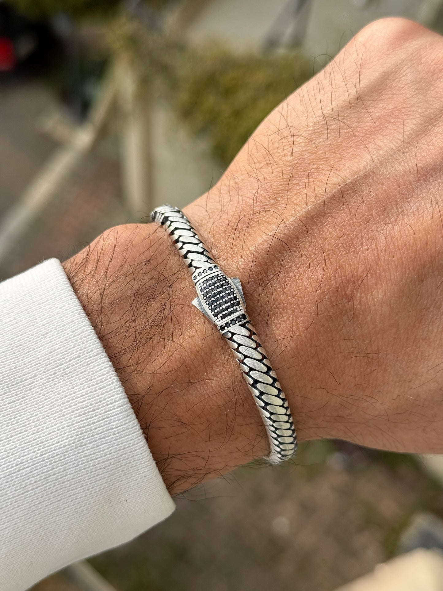 Oxidized Snake Design Men Bracelet With Black Stones