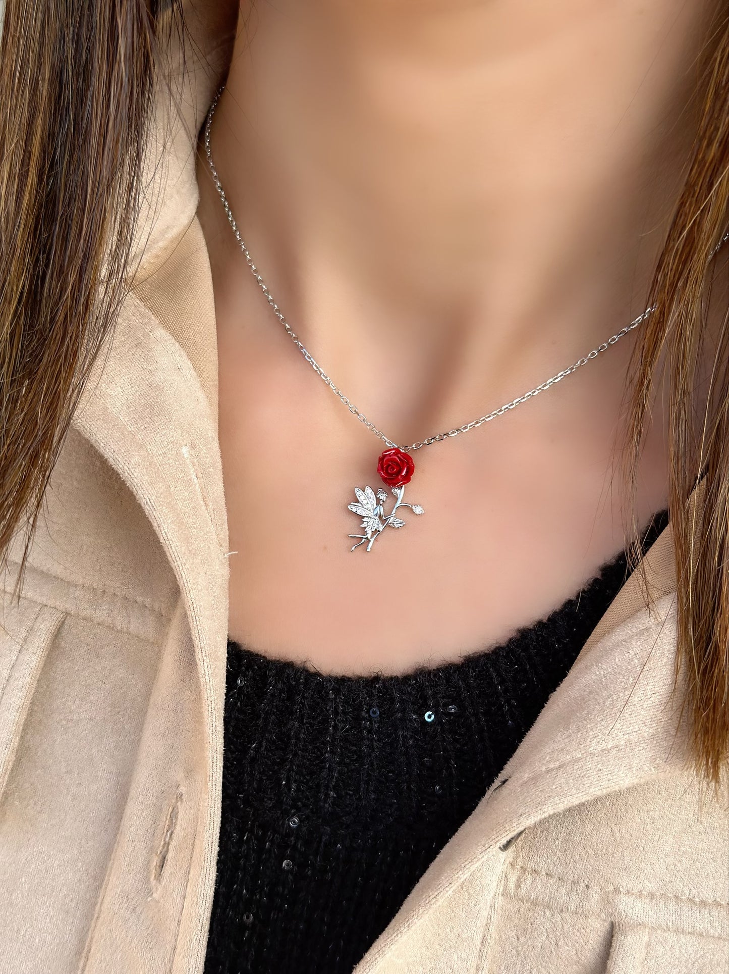 Red Flower With Tinker Bell Necklace
