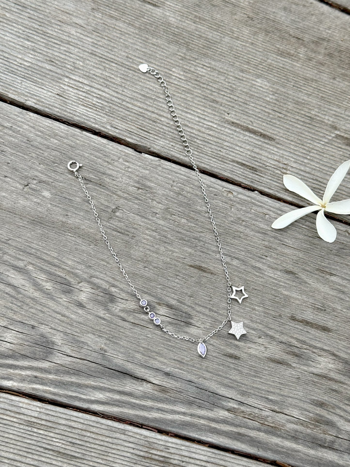 Stars Design Anklet With Purple Stones