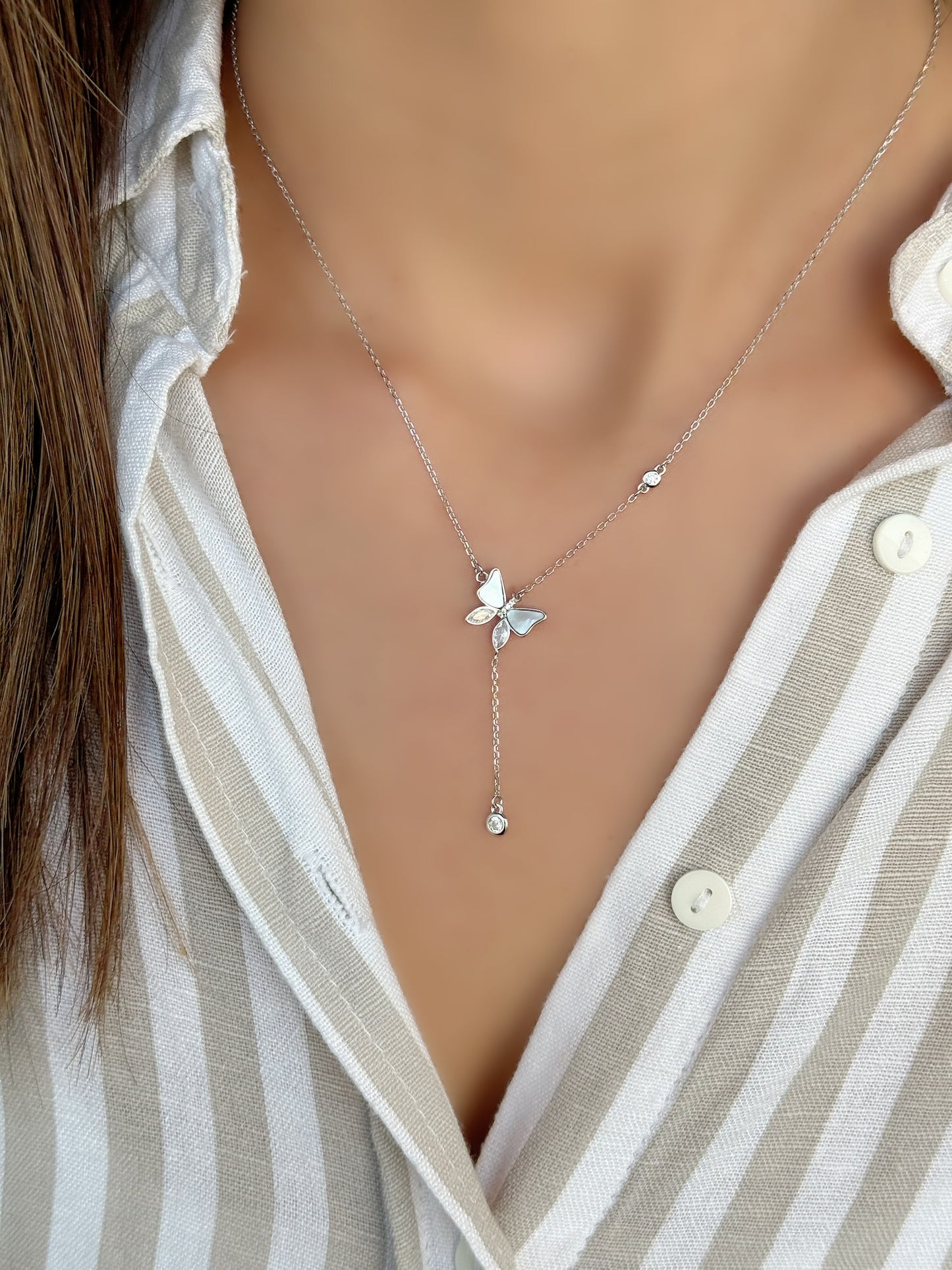 Butterfly Design Necklace With Drop White Stone Design