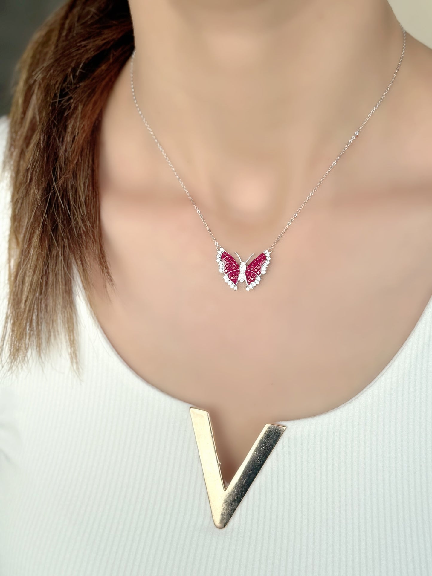 Butterfly Design Necklace With Colored Stones