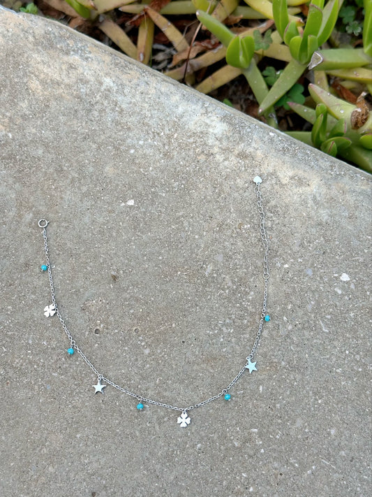 Flower & Stars With Blue Beads Anklet Design
