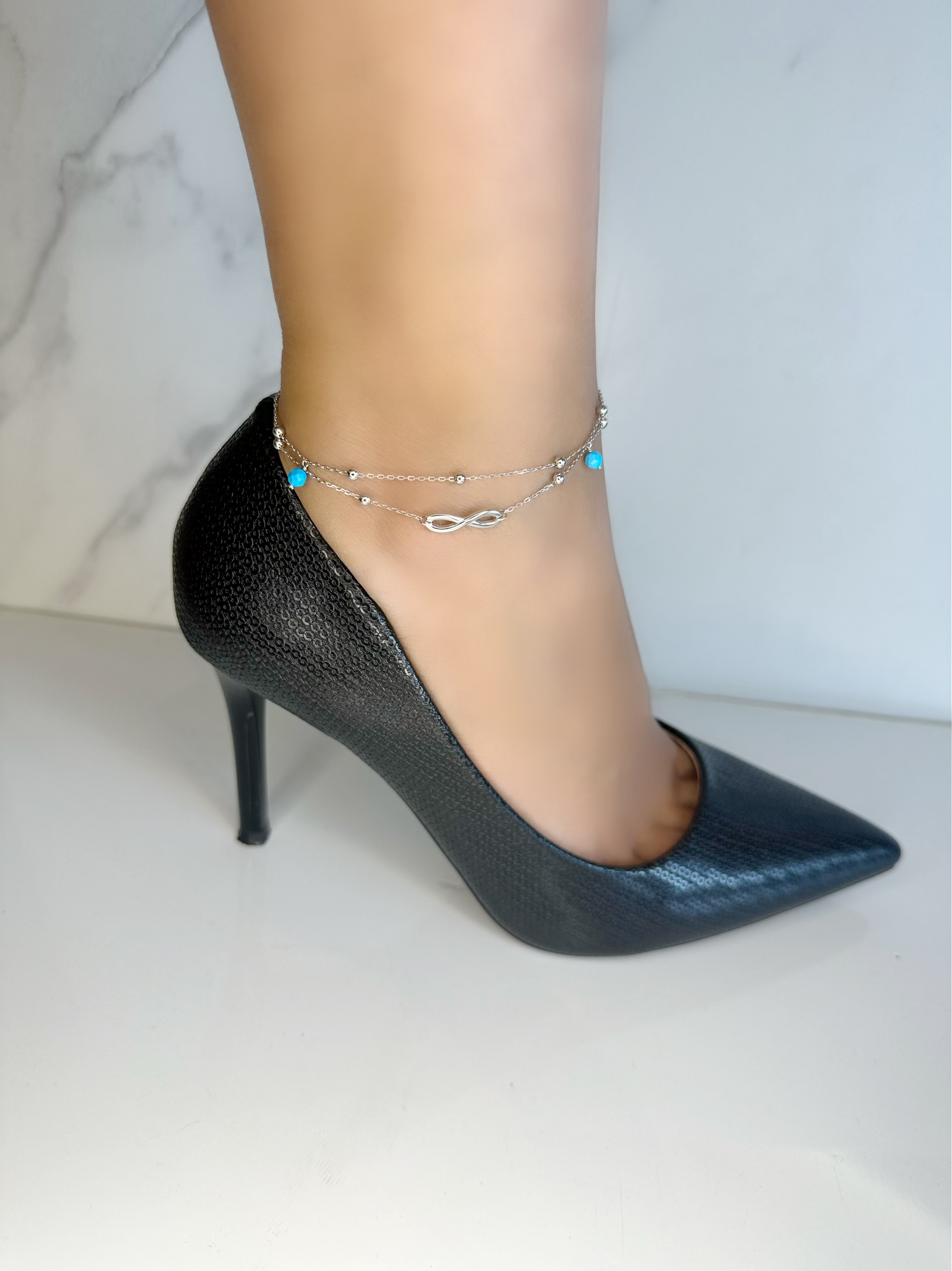 Double Chain Anklet With Infinity Logo & Blue Beads