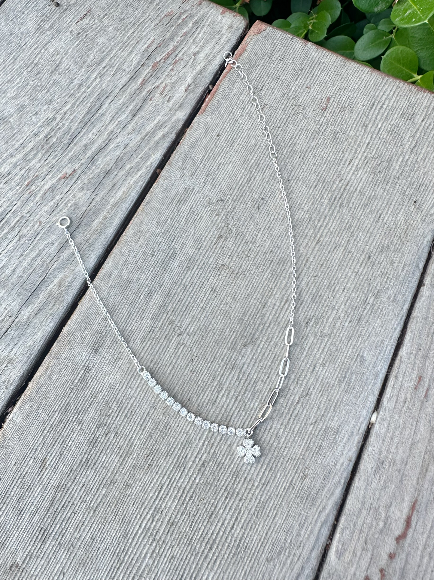 Flower Anklet With Half Zircon Stones & Half Paper Clip Chain