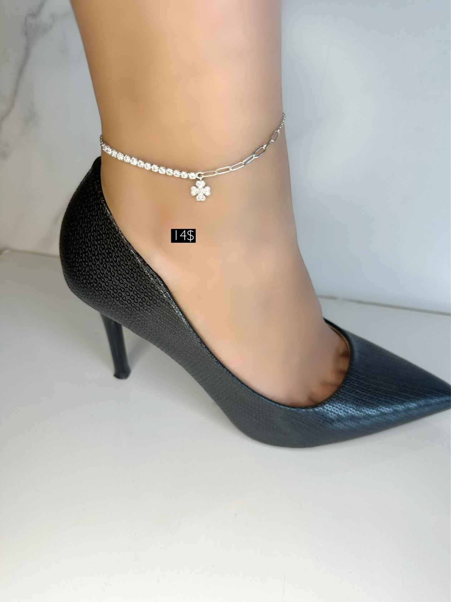 Flower Anklet With Half Zircon Stones & Half Paper Clip Chain