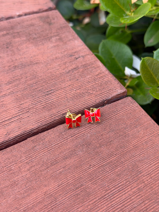 Silver 925 Gold Plated Red Bow Stud Earrings