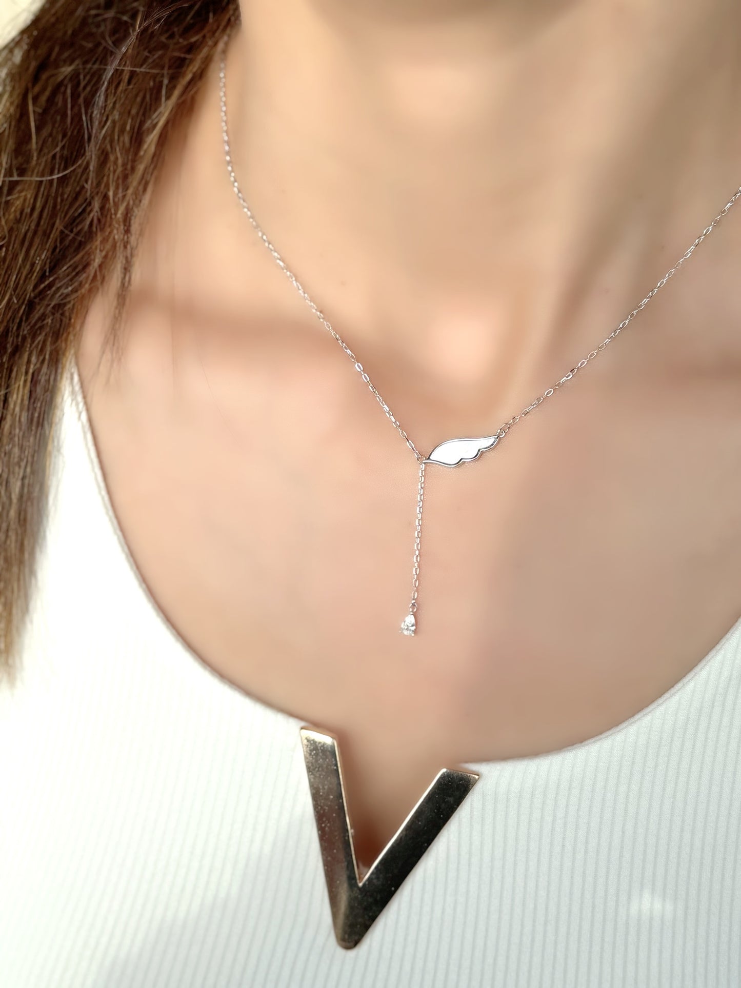 Wing Shape Necklace With Drop Down Tear Shape Stone