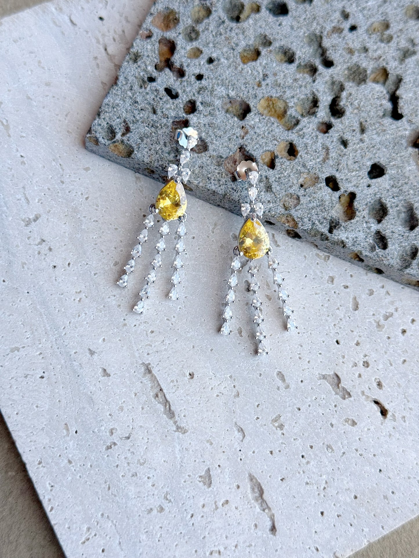 Elegant Earrings With Tear Drop Stone Yellow Color