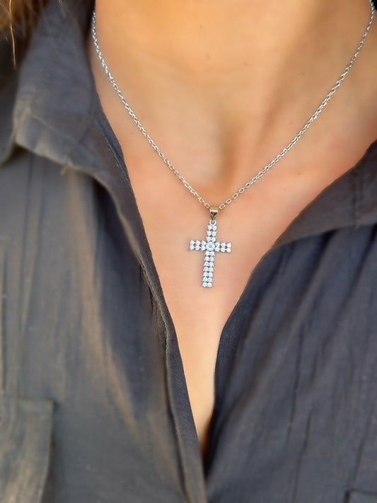 Big Cross with Small Round Stones Necklace