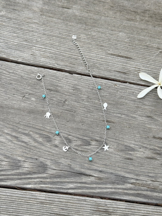 Sea Symbols With Blue Beads Anklet