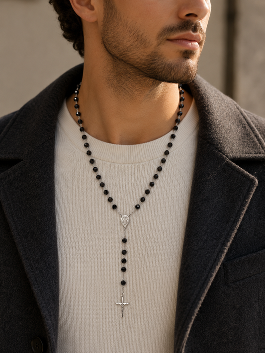 Rosary Necklace With Black Onyx Beads
