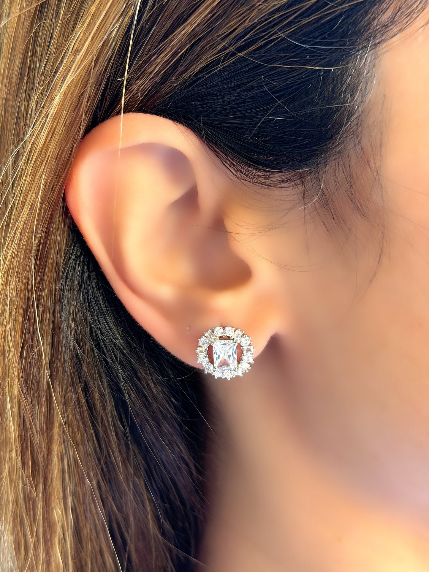 Stud Earrings With Rectangle Stone In the Middle Surrounded By Small Stones