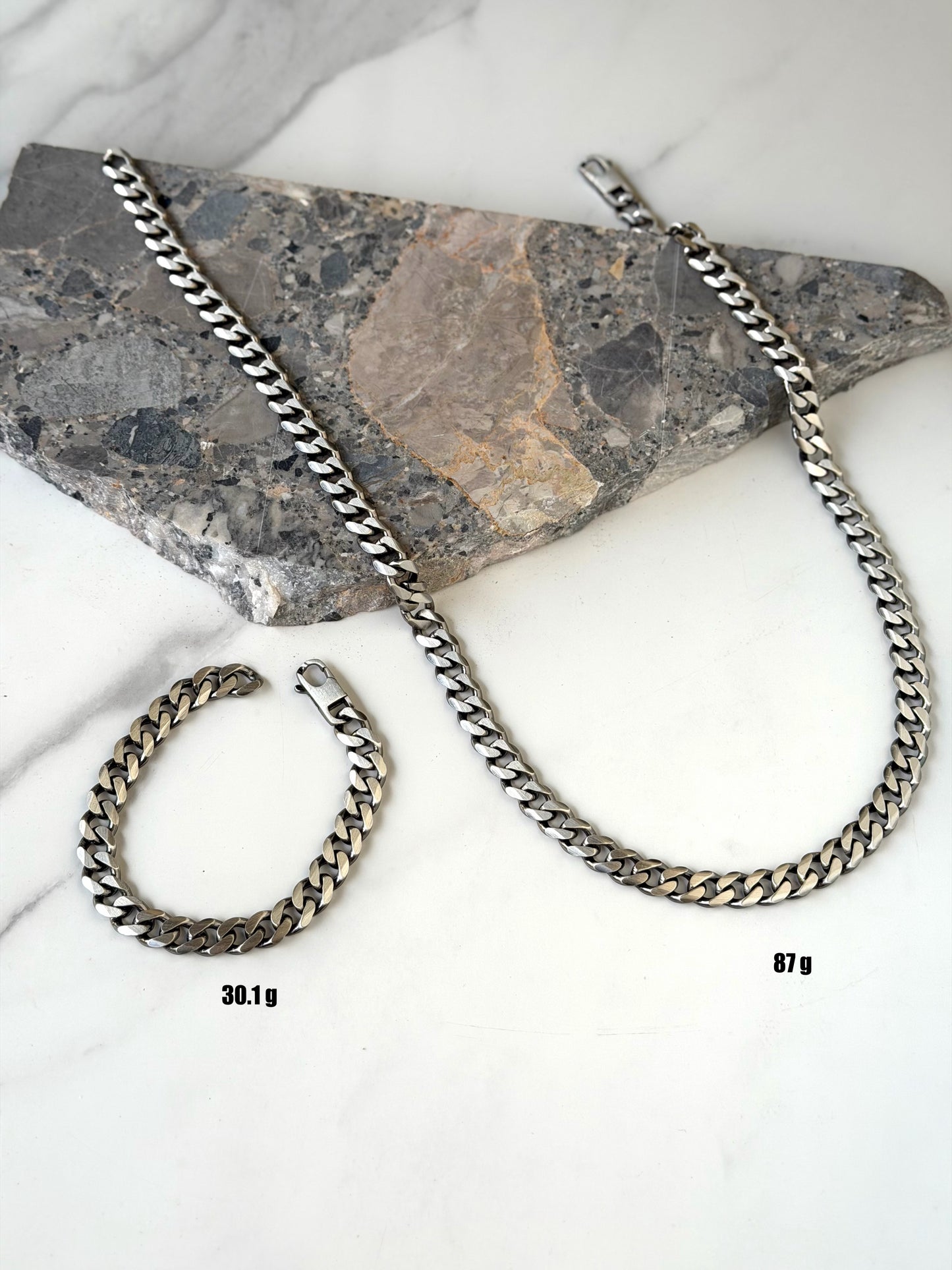 Oxidised Silver 925 Cubic Link Chain Men Necklace & Bracelet