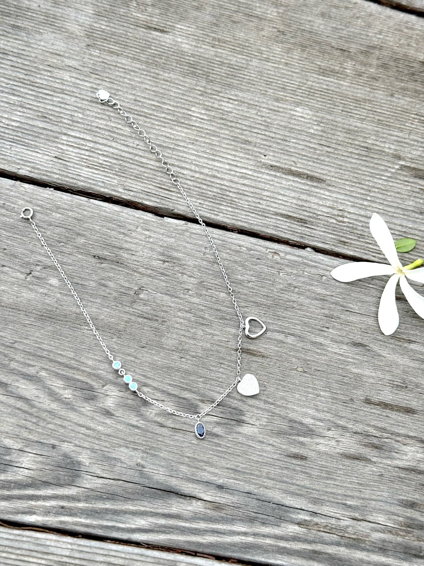 Heart Design Anklet With Blue Stones