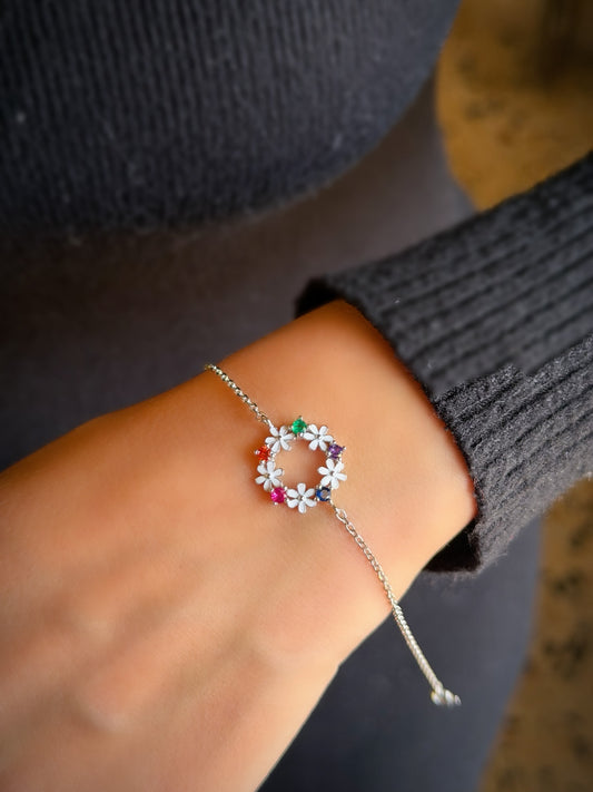 Flower Bracelet With Colored Stones