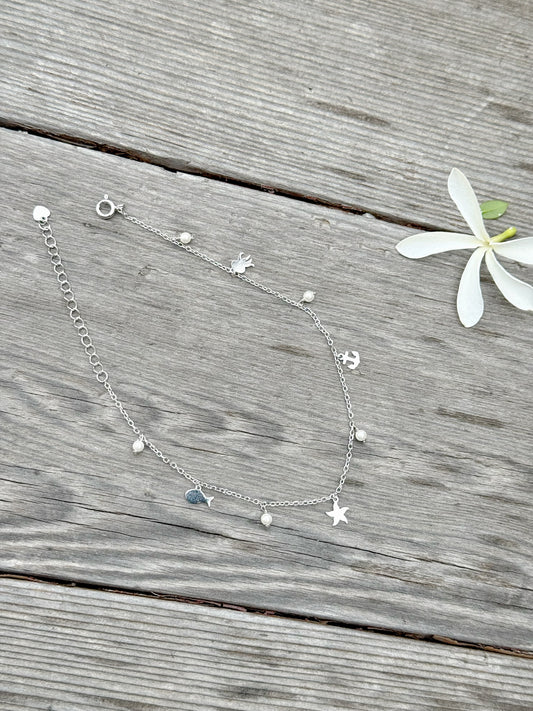 Sea Symbols With White Beads Anklet