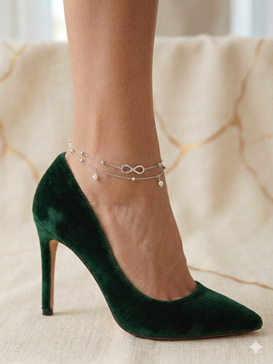 Double Chain Infinity & Pearl Design Anklet