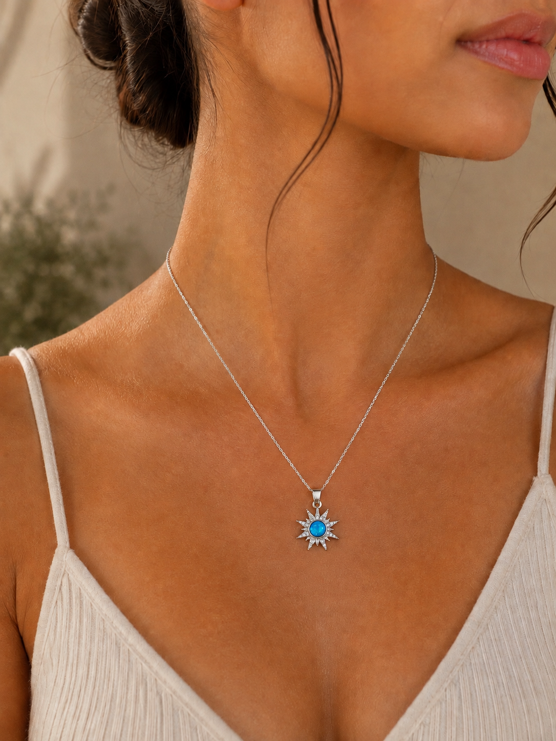 North Star Necklace With Light Blue Round Stone