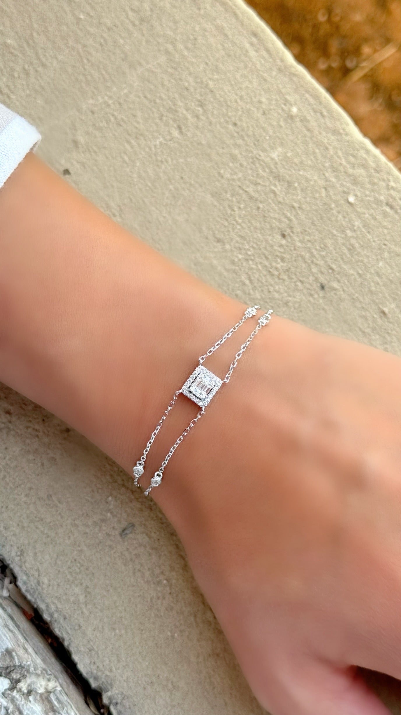 Square Stone Design With Small Round Stone Double Chain Bracelet