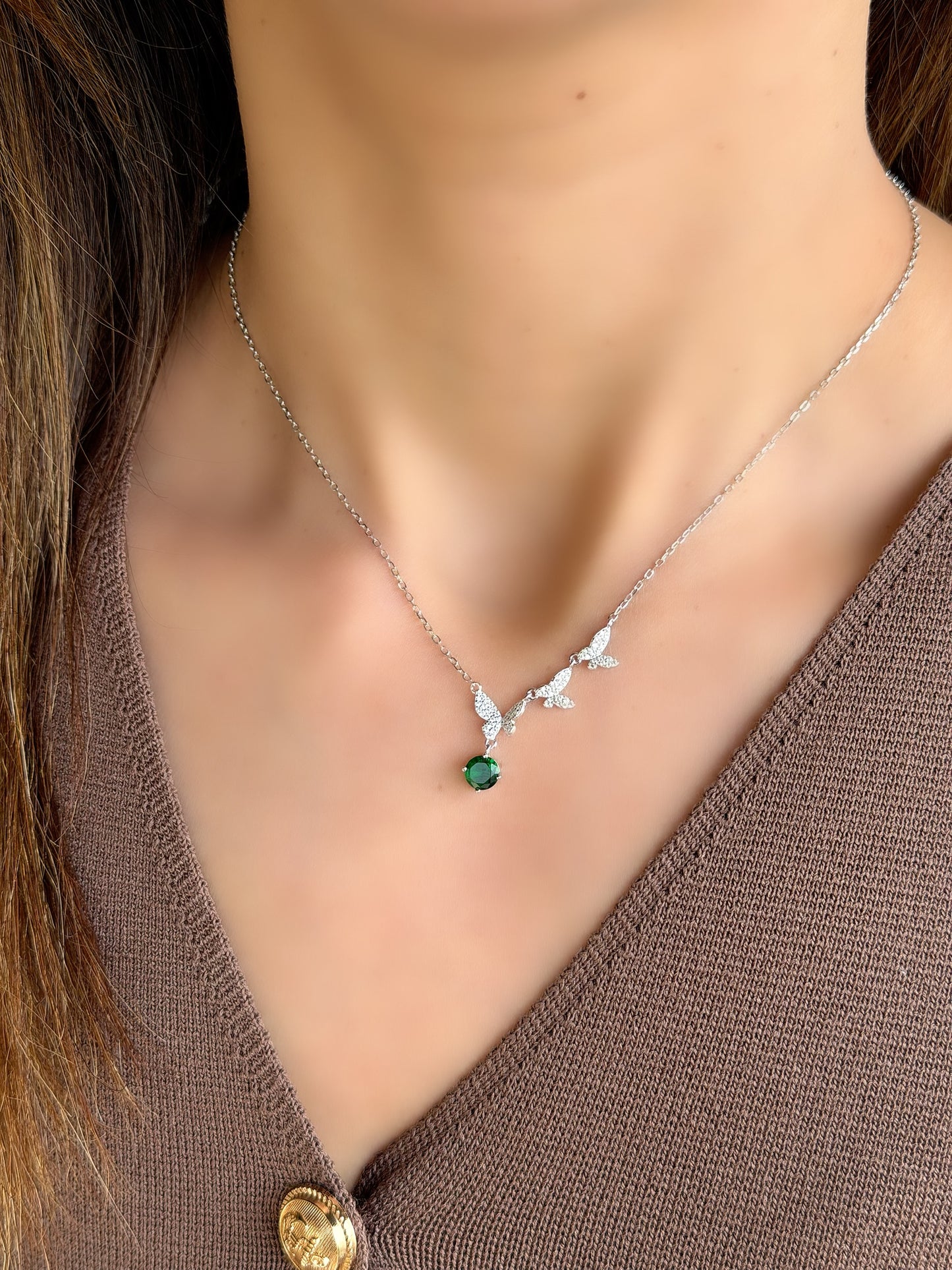 Butterflies Design Necklace With Green Stone
