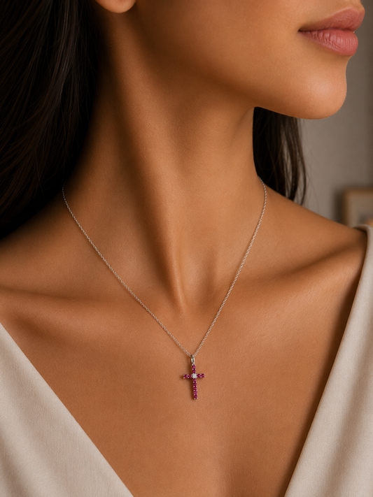 Cross Design Necklace Ruby Stone Color