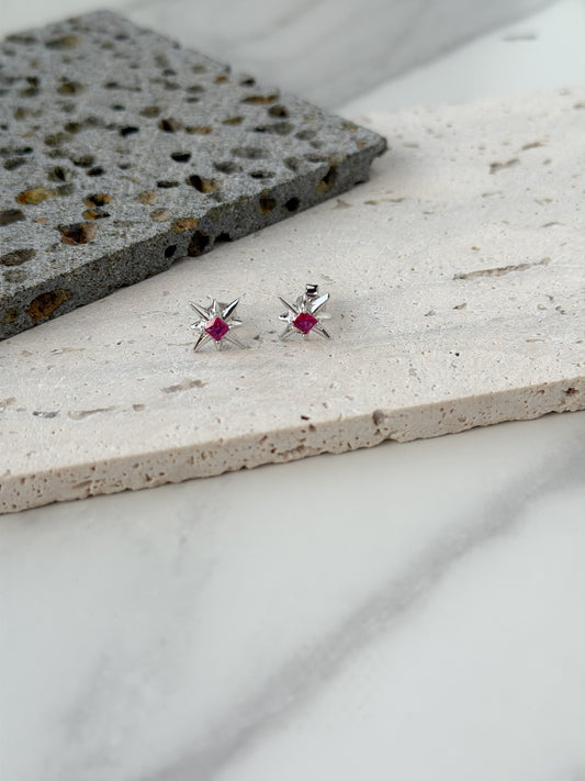 Star Design Earrings With Red Stone